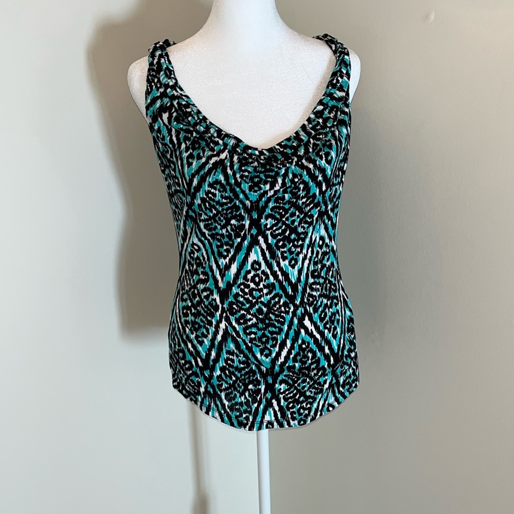 Inc International Concepts sleeveless drape neck aqua black & white top Small S